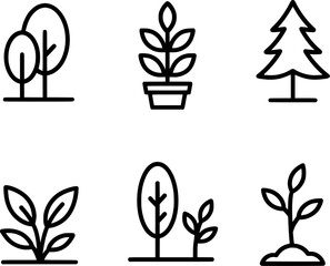 tree and plant line art icons set