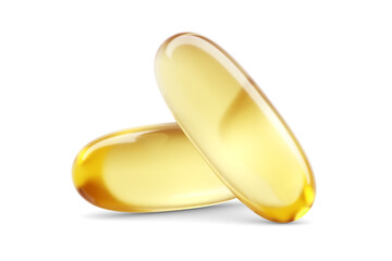 Two translucent golden gel capsules containing purified omega 3 oil isolated. 3D rendering illustration. Transparent PNG image.