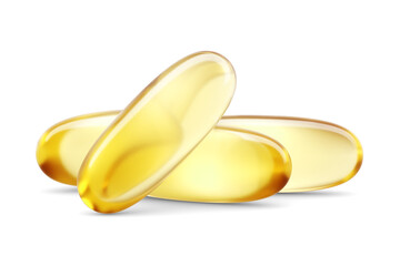 Three translucent softgel capsules containing omega 3 fish oil isolated. 3D rendering illustration. Transparent PNG image.