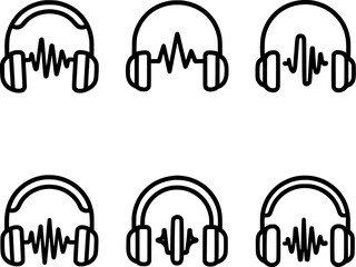wireless headphone sound wave line icon set