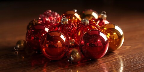 Shiny Red and Gold Christmas Ornaments on Wooden Surface