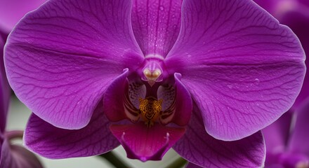 Close up of a purple orchid showing its petals and complex center