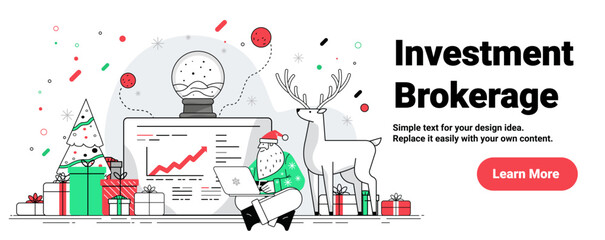 Santa Christmas investment brokerage holiday theme Santa using laptop with reindeer gifts Christmas tree stock chart snow globe festive background