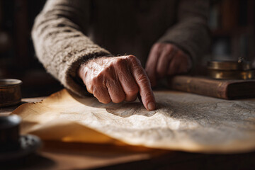 Aged hands trace a vintage map, hinting at adventure, history, and journeys. Warm tones  shallow depth of field create a nostalgic, timeless feel.
