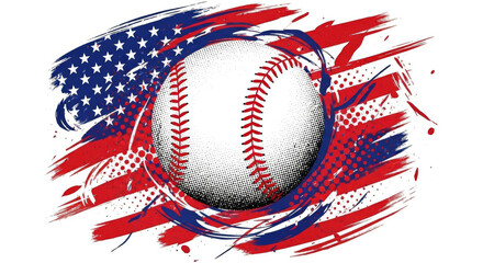 Baseball & American Pride: Red-Stitched Ball Centered on Brushstroke Flag Background Celebrating U.S. Sports Culture"