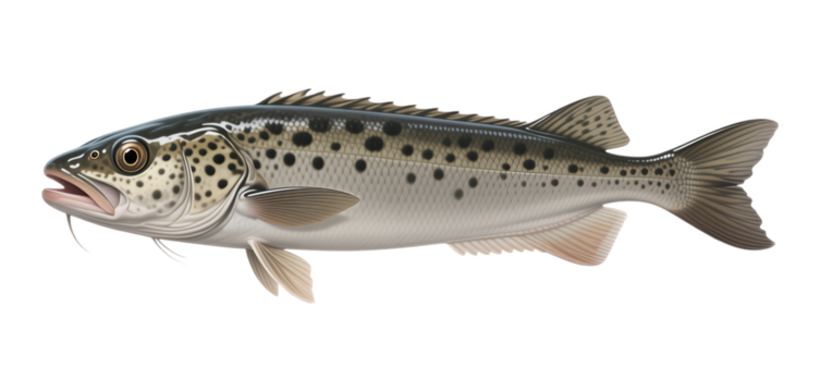 Glossy Silver Trout Illustration on Transparent Background, 3D Realism Design Element