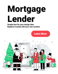 Santa Christmas new home celebration couple receiving key festive winter scene decorated tree snowman gift boxes doorway website banner