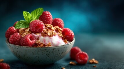 A delightful bowl of yogurt topped with vibrant raspberries and crunchy granola, perfect for a nutritious breakfast or snack, showcasing freshness and appeal in every bite.