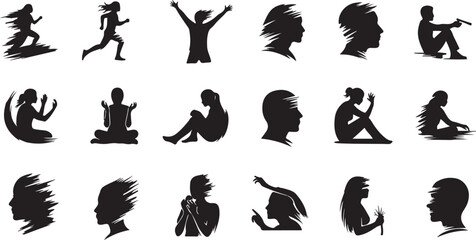 Set of vector silhouettes of human art stroke brush