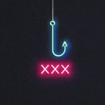 High quality photo of a neon sign in the shape of a hook with xxx illuminated