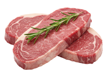 Isolated Stack of fresh beef steaks with rosemary sprig, uncooked, for grilling, BBQ