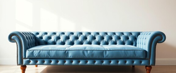 Obraz premium Elegant quilted blue sofa, classic design, white backdrop, interior design, retro