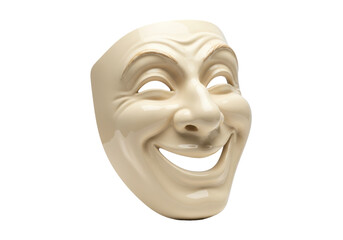 Isolated human face mask with a sarcastic smile expression, theater prop, dramatic play