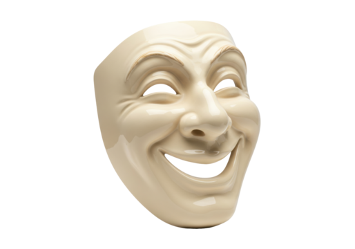 Isolated human face mask with a sarcastic smile expression, theater prop, dramatic play