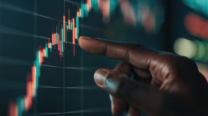 African american man touching a financial graph on a dark background. Stock market investment analysis and trade application concept.
