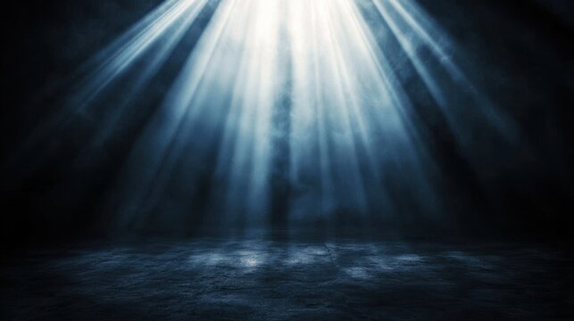 Spotlight bright beam illuminating empty dark stage floor with smoky atmosphere. Glowing light rays from top for theatrical background presentation.