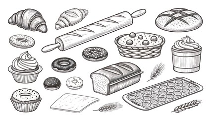 Hand drawn collection of baked goods and baking tools