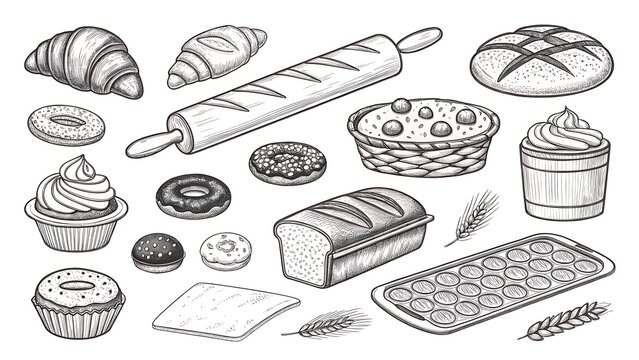 Hand drawn collection of baked goods and baking tools