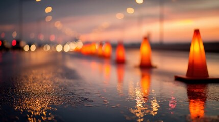 Orange traffic cones on a wet road reflecting evening lights during sunset. Construction work or road hazard concept for safety and warning.