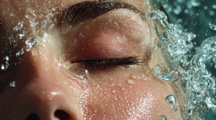 Fototapeta premium Woman washing her face with clear water, closing her eye. Refreshing feeling for skin care, health, and wellness concept.
