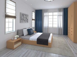 Bright modern bedroom with tan platform bed, grey bedding, navy accent pillow, blue drapes and sheer curtains, roman shades, light wood floors, rug, and built-in wardrobe, 3D rendering.