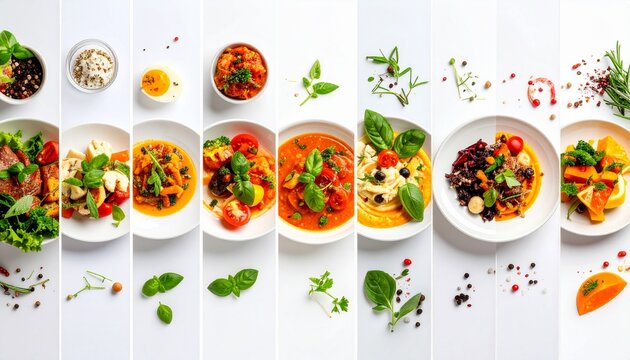 A vibrant array of gourmet dishes, beautifully plated with fresh herbs, sauces, and vegetables &ndash; a feast showcasing modern, healthy, and colorful culinary creativity