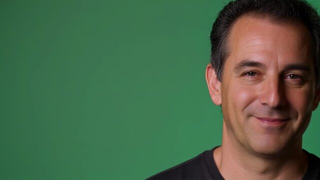 Confident man with a subtle smirk against a green screen background, perfect for adding your own text or graphics and creating compelling video content