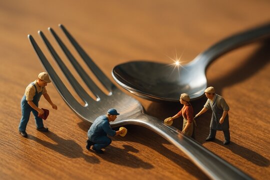 A whimsical scene unfolds as miniature workers meticulously clean a giant fork and spoon on a wooden surface.