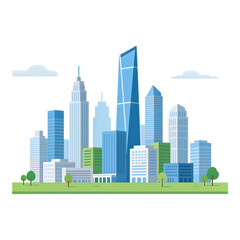 Fototapeta premium Illustration of Skyscrapers on Transparent Background, Blue Modern Cityscape Design Element