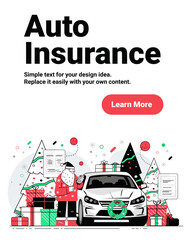 Santa auto insurance Christmas car holiday gifts decorated tree festive winter scene website banner