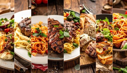 A hearty medley of grilled steak, creamy pasta, rustic bread, and fresh herbs, served on wooden boards for a warm, comforting, and rustic dining experience