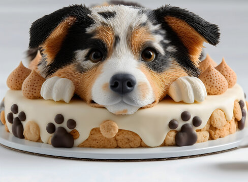 Australian shepherd dog birthday cake decorated with chocolate paw prints and bone shaped cookies on white background.