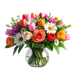  Colorful Mixed Flower Arrangement in Clear Glass Vase, Front View, Isolated on Transparent Background
