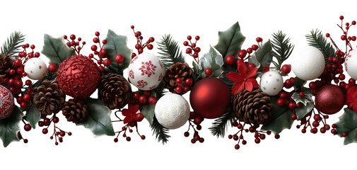 Christmas garland border with red and white ornaments pine cones holly leaves berries and evergreen branches isolated on transparent background.
