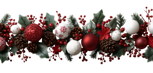 Christmas garland border with red and white ornaments pine cones holly leaves berries and evergreen branches isolated on transparent background.