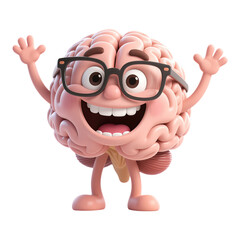 Pink Brain with Glasses, Happy Expression on Transparent Background, 3D Realism Graphic for Digital Media