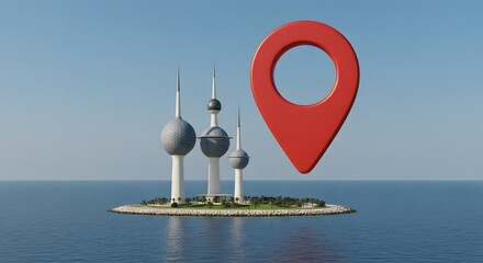 A bold red map pin floating above the Kuwait Towers, with the Persian Gulf in the background