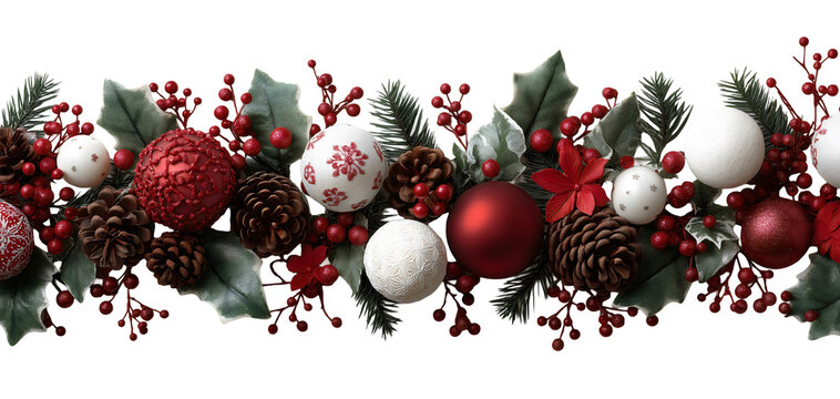 Christmas garland border with red and white ornaments pine cones holly leaves berries and evergreen branches isolated on transparent background. - Powered by Adobe