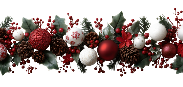 Christmas garland border with red and white ornaments pine cones holly leaves berries and evergreen branches isolated on transparent background.