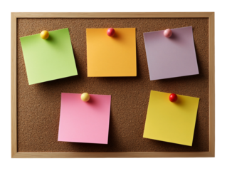 Blank sticky notes pinned on cork bulletin board, empty post-it reminders in pastel colors isolated on transparent background.