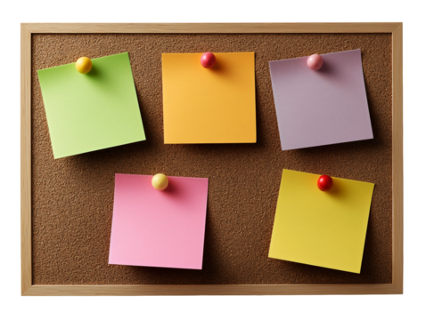 Blank sticky notes pinned on cork bulletin board, empty post-it reminders in pastel colors isolated on transparent background.