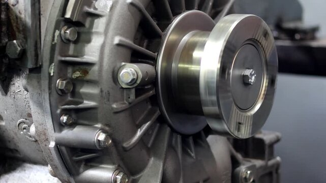 Close-up of a detailed metal pulley or fan hub attached to a heavy machinery component, possibly a transmission or engine, showing both rough casting and polished metal surfaces.