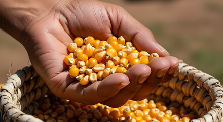 Close Up of Hand Holding Freshly Harvested Yellow Corn Kernels Over a Basket in a Productive Farm Setting Under Bright Sunlight