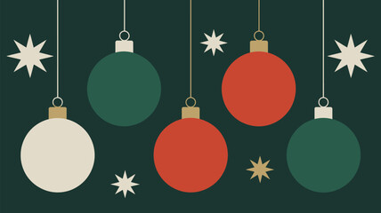 Festive christmas ornaments hanging with stars on a dark green background for holiday celebrations