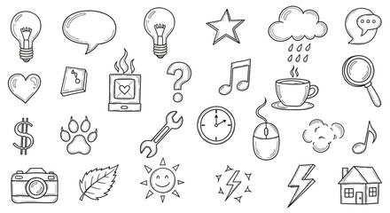 Hand drawn doodle sketch icons, including light bulb, speech bubble, star, cloud, heart, laptop, question mark, music note, etc