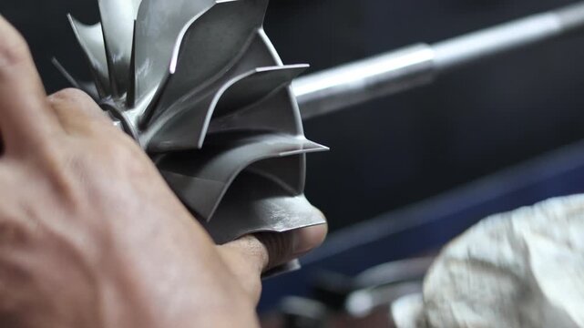 Close-up of a mechanic's hands inspecting or cleaning the metallic blades of a turbocharger's compressor or turbine wheel, highlighting the precision of the part.