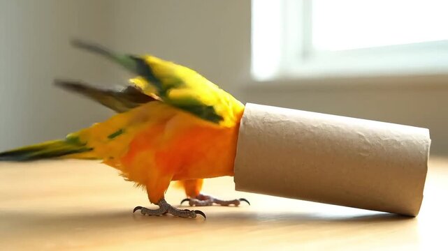 Sun conure parrot playfully peeking out of a toilet paper roll