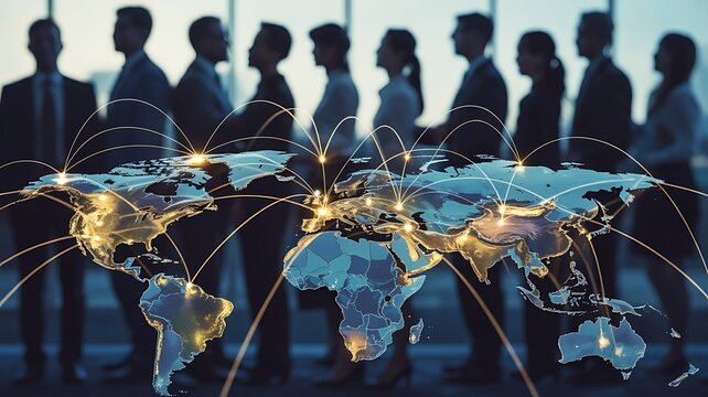 Silhouettes of business professionals with illuminated world map connections, international teamwork and communication network concept

