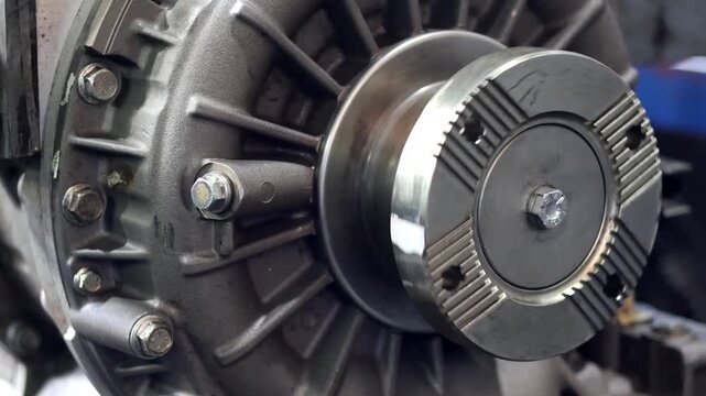 Close-up of a detailed metal pulley or fan hub attached to a heavy machinery component, possibly a transmission or engine, showing both rough casting and polished metal surfaces.