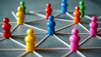 Colorful wooden figures connected by lines representing social network, teamwork, leadership, and community connection
